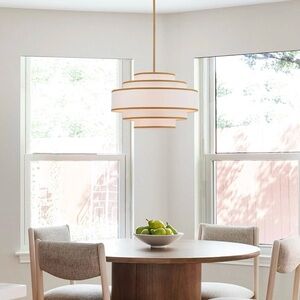 NEW 20” Gold Drum White Linen Chandelier w/4-Light multiTier Modern Boho Pendant